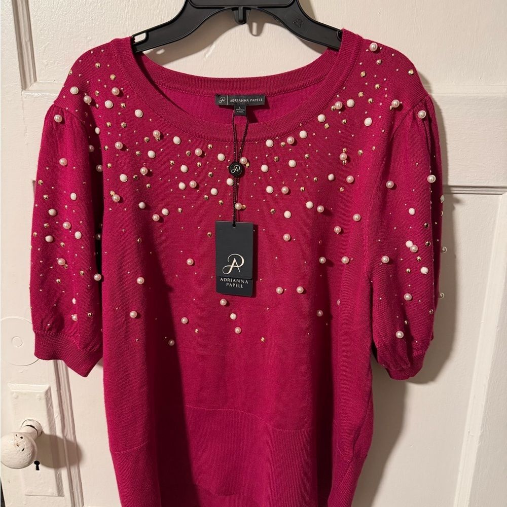 Adrianna Papell Women’s Fuchsia Spicyberry Puff Sleeve Sweater Pearl Gold Large